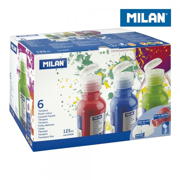 Témperas de colores 125 ml, 6 uds + pincel, caja