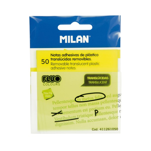Bloc 50 notas adhesivas translúcidas removibles 76 x 76 mm, amarillo fluo (pack 6 unidades)