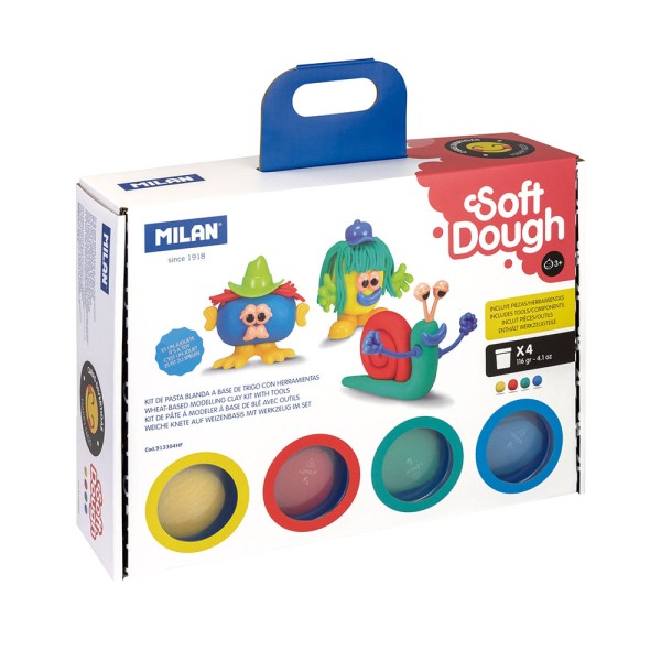 Maletín pasta blanda soft dough 4 botes 116 g con herramientas y caras divertidas