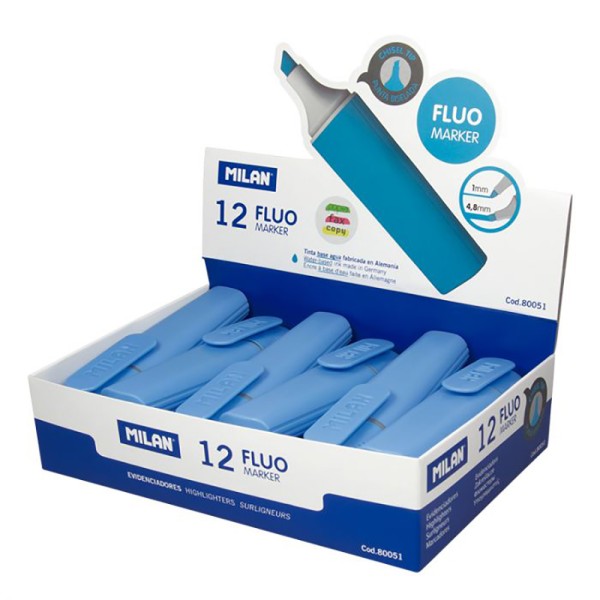 Marcadores fluorescentes color azul, 12 uds, expositor