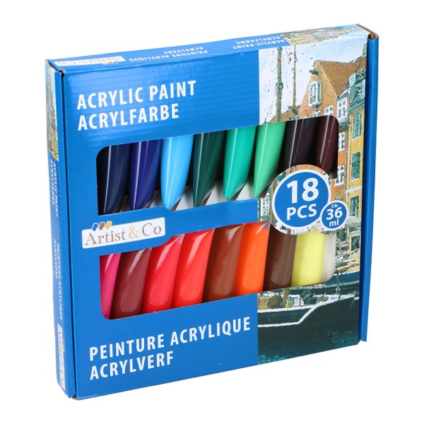 Pinturas acrílicas 36 ml, 18 uds, caja
