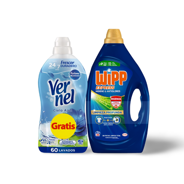Detergente Wipp Express antiolores 35D + Vernel suavizante Cielo Azul 60D