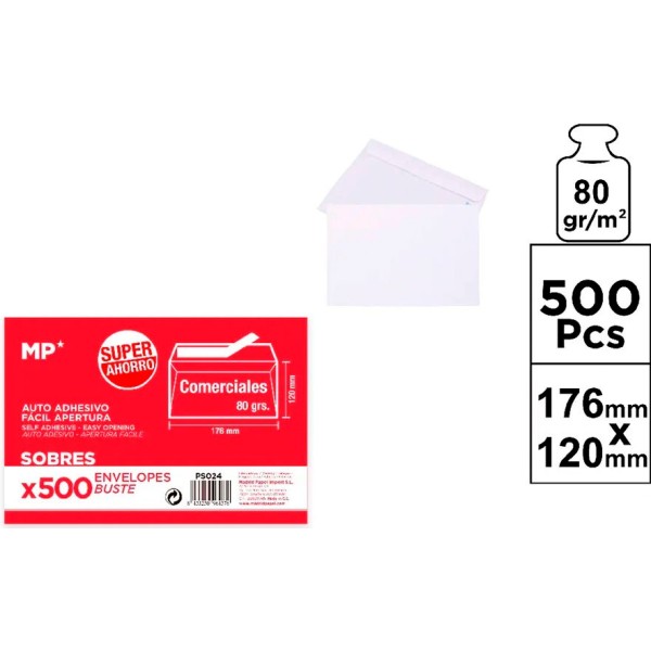Sobre blanco auto adhesivos, comercial, 176 x 120 mm, 500 uds