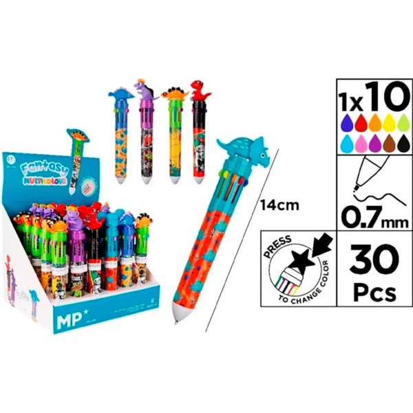 Bolígrafos 10 colores 0,7mm dinosaurios, diseños surtidos, 30 uds, expositor